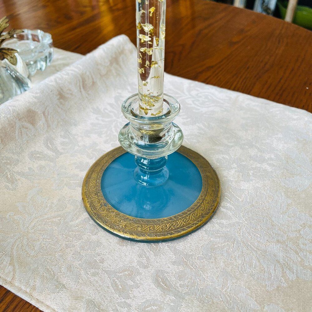 Antique Blue and Gold Glass Candlestick Holder